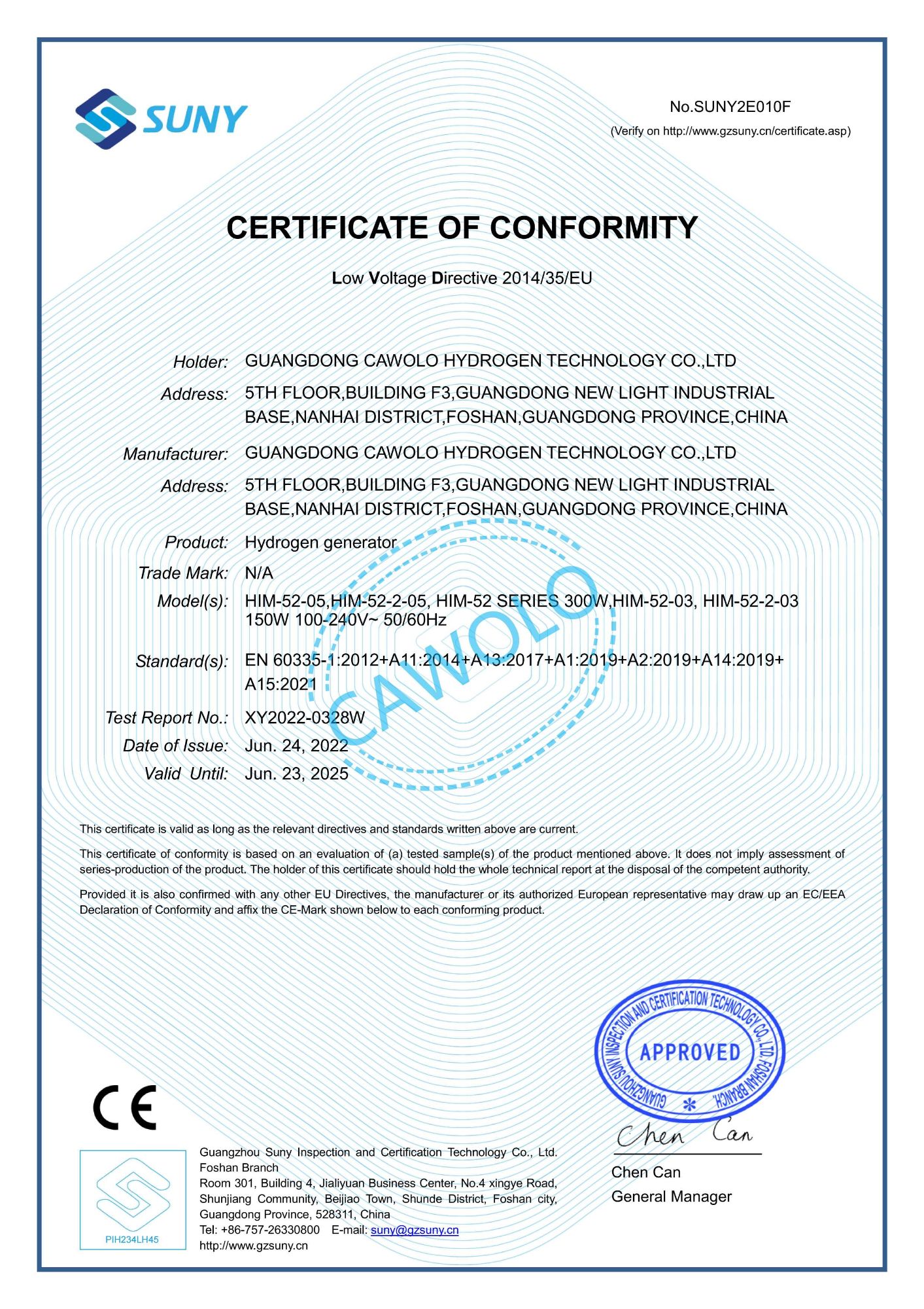 hydrogen water certificate with cawolo HIM-52