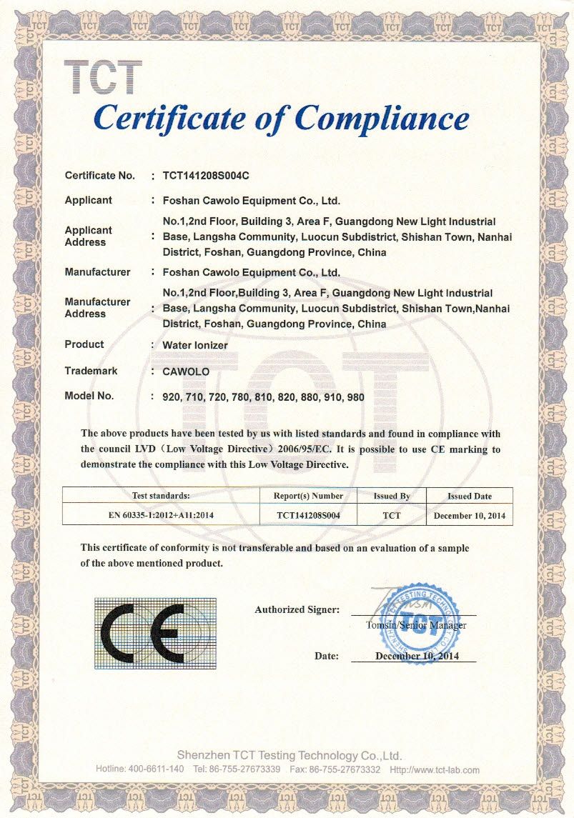 hydrogen water certificate with cawolo