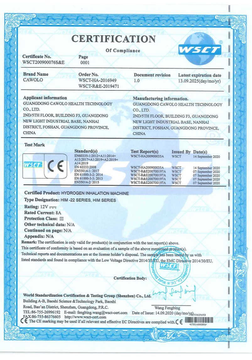 hydrogen water CE-certificate with cawolo HIM-22